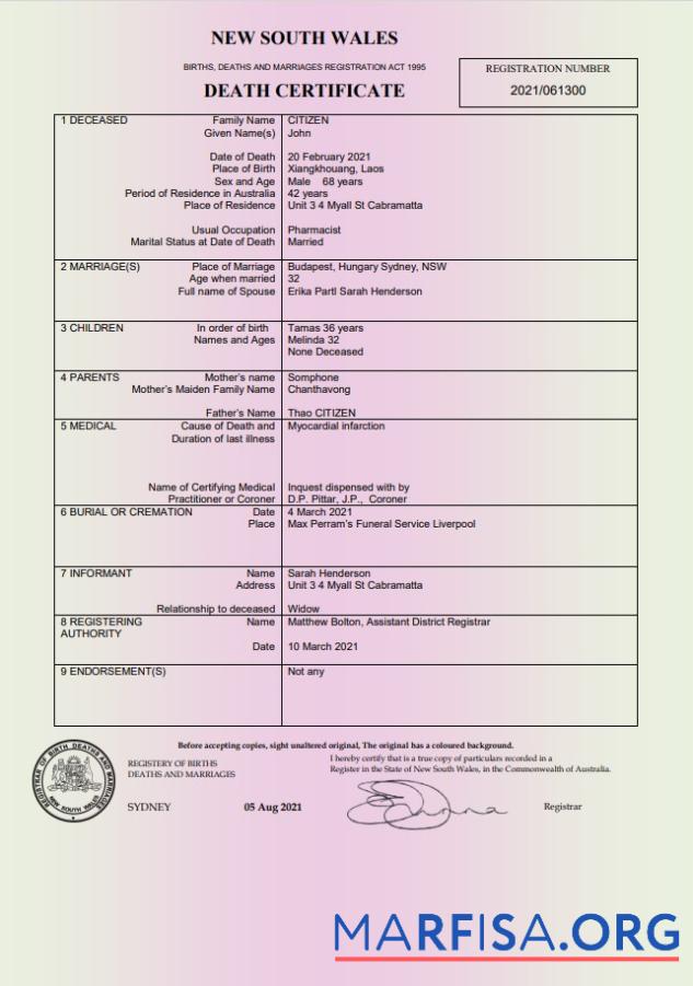 Blank Australia New South Wales Death Certificate template in Word and PDF format